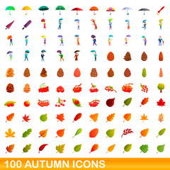 100 autumn icons set. Cartoon illustration of 100 autumn icons vector set isolated on white background