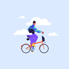 Fototapeta premium Flat illustration of a character with blue hair riding red folding city bicycle with blue sky and clouds on the background