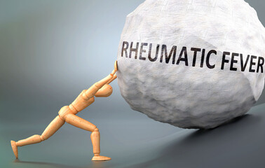 Rheumatic fever and painful human condition, pictured as a wooden human figure pushing heavy weight to show how hard it can be to deal with Rheumatic fever in human life, 3d illustration - obrazy, fototapety, plakaty