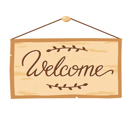 Welcome back lettering on door plaque. Welcome back hanging wood sign board. Concept for welcoming home. Vector lettering illustration