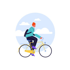 Flat illustration of a character with red hair riding yellow vintage city bicycle with blue sky and clouds cropped in circle on the background