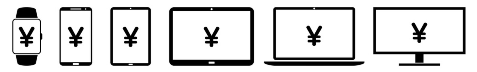 Obraz premium Display Yen, Yuan, Currency, Money Icon Devices Set | Web Screen Device Online | Laptop Vector Illustration | Mobile Phone | PC Computer Smartphone Tablet Sign Isolated