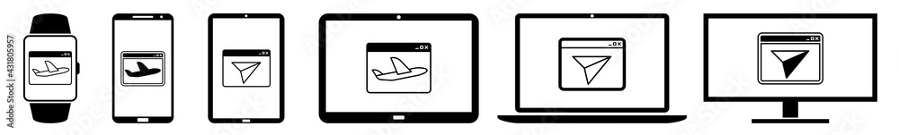 Wall mural display landing page window icon devices set | web screen device online | laptop vector illustration