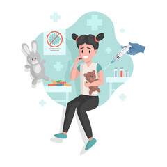 Vaccination of cute little girl against different diseases vector flat cartoon illustration. Doctor or pediatrician make injection to child. Immunity health against dangerous illness, viruses.