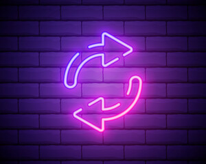 Glowing neon Refresh icon isolated on brick wall background. Reload symbol. Rotation arrows in a circle sign. Vector Illustration.