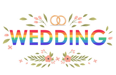 Fototapeta na wymiar Rainbow wedding word vector flat banner template decorated with marriage rings, green leaves, and pink flowers. Decorative invitation to gay marriage party or greeting card design.