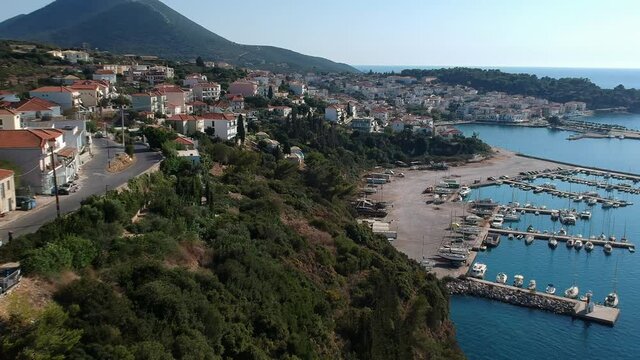 Aerial view of the beautiful seaside city of Pilos located in western Messenia, Greece