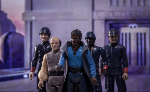 NEW YORK USA, MAY 17 2021: scene from Star Wars The Empire Strikes Back, Lando Calrissian and Lobot on Bespin  - Vintage Kenner action figure