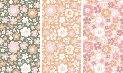 Cute floral seamless pattern set, big and small flowers with soft pastel pink orange green colors