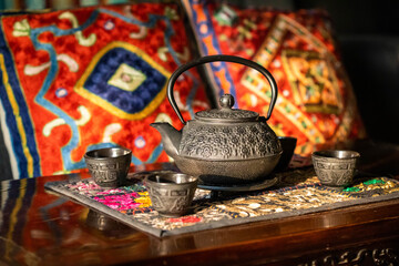 Traditional asian tea ceremony cast iron set