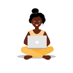 Happy african american woman sits on the lotus position with a laptop. Remote work or online education concept with character. Vector flat illustration