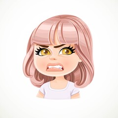 Beautiful unkind cartoon girl with powdery pink bob haircut with bangs portrait isolated on white background