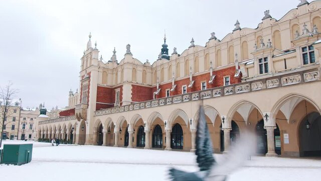 Panoramic footage of Sukiennice Museum, a huge market hall in the middle of Main Square in Old Town Krakow. A flock of pigeons flying. People standing outside the museum. Snowy landscape. 
