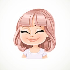 Beautiful serene joy cartoon girl with powdery pink bob haircut with bangs portrait isolated on white background