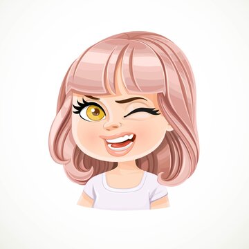 Beautiful cheerily wink cartoon girl with powdery pink bob haircut with bangs portrait isolated on white background
