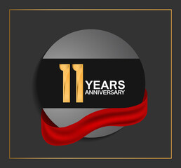 11 years anniversary logotype with golden color and red ribbon on black circle with glitter background isolated on black background. vector for template party and company celebration