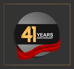 41 years anniversary logotype with golden color and red ribbon on black circle with glitter background isolated on black background. vector for template party and company celebration