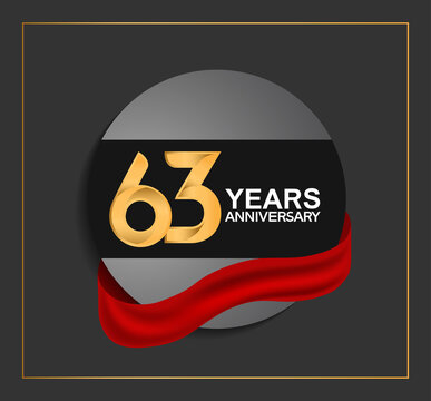 63 years anniversary logotype with golden color and red ribbon on black circle with glitter background isolated on black background. vector for template party and company celebration