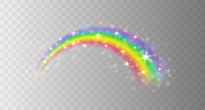 Rainbow Icon With Glitter And Shiny Stars Isolated On Transparent Background. Spectrum Fantasy Arch Pattern. Vector Magic Colourful Translucent Sky Element Template