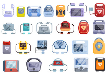 Defibrillator icons set. Cartoon set of defibrillator vector icons for web design - obrazy, fototapety, plakaty