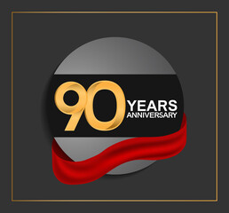 90 years anniversary logotype with golden color and red ribbon on black circle with glitter background isolated on black background. vector for template party and company celebration
