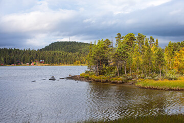 Swedish autumn fall vibrant landscape, Kurravaara in Norrbotten county, Kiruna Municipality, Northern Sweden