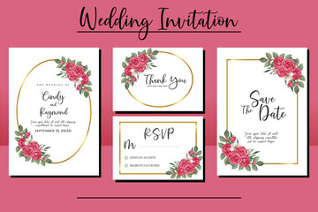 Wedding invitation frame set, floral watercolor hand drawn Red Rose Flower design Invitation Card Template