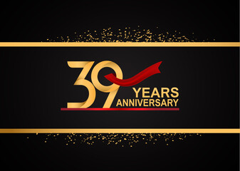 39 years anniversary logotype with golden color and red ribbon with glitter background isolated on black background. can be use for celebration and party © VECTORKURO