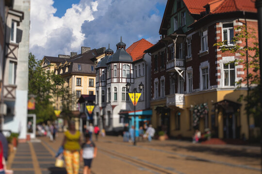 Street view of a Zelenogradsk, former Cranz, coastal resort, Zelenogradsky District, Kaliningrad Oblast, Russia, Sambian coastline, near Curonian Spit on the Baltic Sea