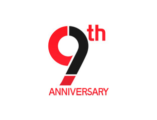 9 years anniversary logotype with black and red combination color isolated on white background. vector can be use for party, company special event and celebration moment