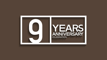 9 years anniversary logotype with white color in square isolated on brown background. vector can be use for party, company special event and celebration moment