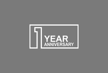 1 year anniversary logotype with white color outline in square isolated on grey background. vector can be use for party, company special event and celebration moment