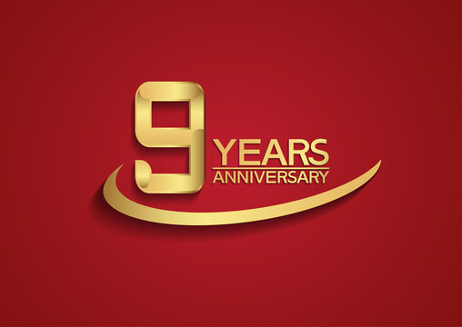 9 years anniversary logo style with swoosh golden color isolated on red background for celebration moment