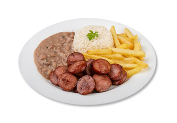 Sausage, rice, beans and french fries. Typical brazilian executive dish isolated over white background