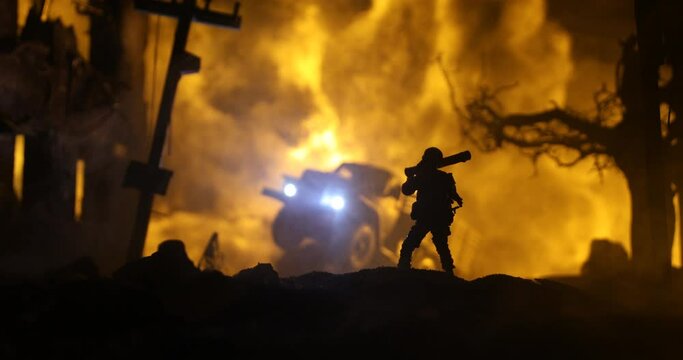 Military soldiers silhouettes with bazooka and rpg. War Concept. Military silhouettes fighting scene on war fog sky background, Mojahed with rpg and us soldier with bazooka at sunset. Attack scene