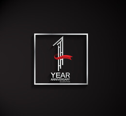 1 year anniversary logotype with square silver color and red ribbon. vector can be use for party, company special event and celebration moment