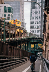 bikes street bike train city New York buildings 