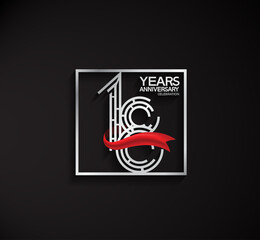 18 years anniversary logotype with square silver color and red ribbon. vector can be use for party, company special event and celebration moment