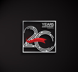 20 years anniversary logotype with square silver color and red ribbon. vector can be use for party, company special event and celebration moment