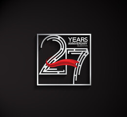 27 years anniversary logotype with square silver color and red ribbon. vector can be use for party, company special event and celebration moment