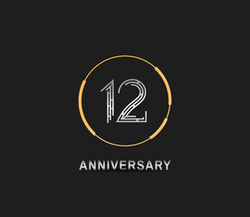 12 anniversary logotype with silver number and golden ring isolated on black background. vector can be use for party, company special event and celebration moment