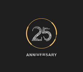 25 anniversary logotype with silver number and golden ring isolated on black background. vector can be use for party, company special event and celebration moment