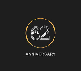 62 anniversary logotype with silver number and golden ring isolated on black background. vector can be use for party, company special event and celebration moment