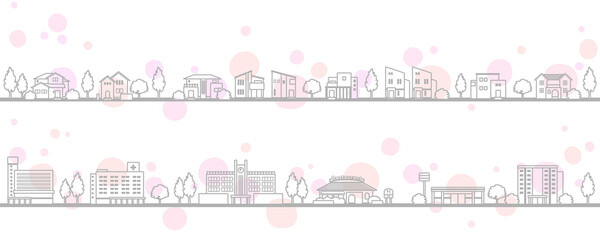 モダンな住宅のある街並みのイラスト（春）
