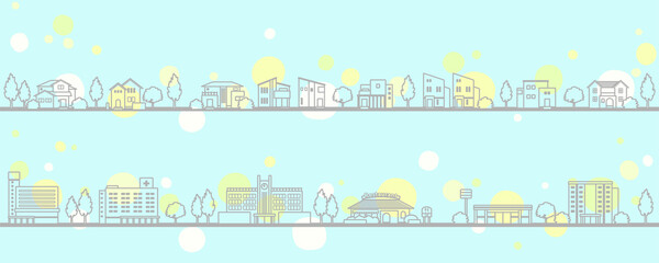 モダンな住宅のある街並みのイラスト（夏）