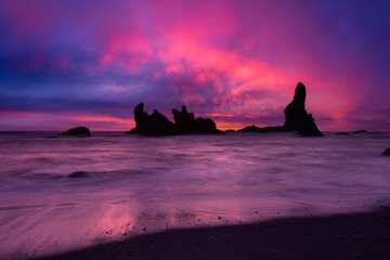 View of a scenic landscape at the Ocean Coast. Taken at Shi Shi Beach in Neah Bay, West of Seattle, Washington, United States of America. Colorful Sky Art Render