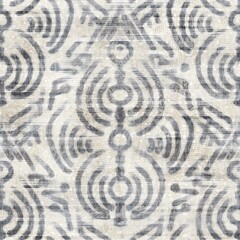 Fototapeta na wymiar Seamless grungy tribal ethnic rug motif pattern. High quality illustration. Distressed old looking native style design in shades of gray and cream. Old artisan textile seamless pattern.