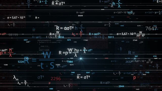 Blocks of abstract mathematical formulas are written and moved in the virtual space. Animation. The camera flies through the mathematical formulas on black background, seamless loop.