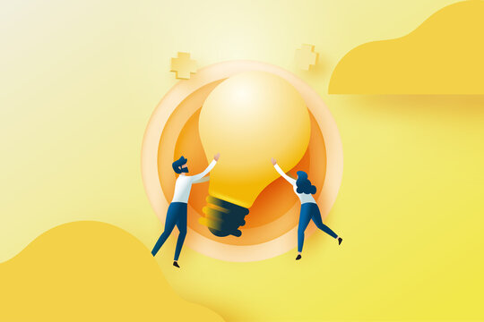 Creative idea, Innovation, Brainstorming concept with male and female holding big light bolb on yellow background.Website Landing page.Vector illustration.