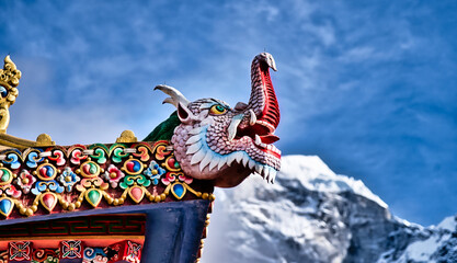 Tengboche Monastery dragon wood carving, Khumbu region, on the Mount Everest trekking route,...
